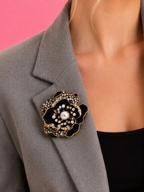 Black Rose Floral Crystal Brooch